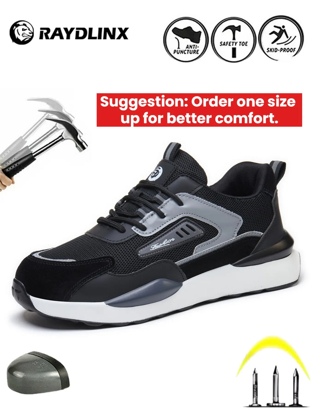 Men's Color-block Lace Up Front Mesh Breathable Safety Shoes, Lightweight Comfortable Anti-slip Work Protective Shoes, Steel Toe Shoes