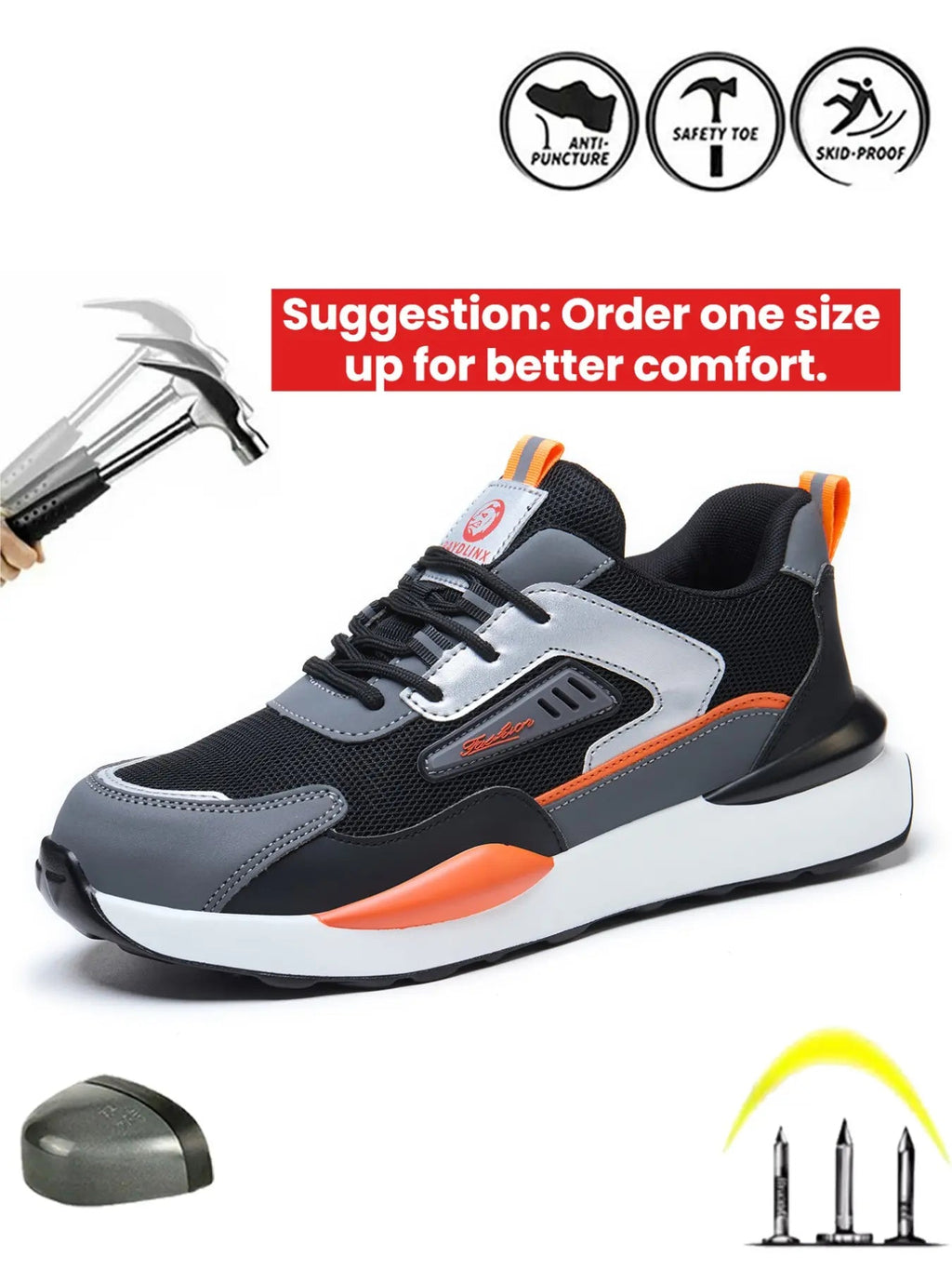 Men's Color-block Lace Up Front Mesh Breathable Safety Shoes, Lightweight Comfortable Anti-slip Work Protective Shoes, Steel Toe Shoes
